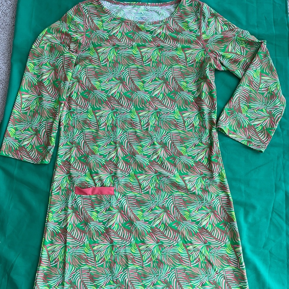 CABANA LIFE Printed Shift Dress Palm Breeze Green Pink 3/4 Sleeve Pocket M